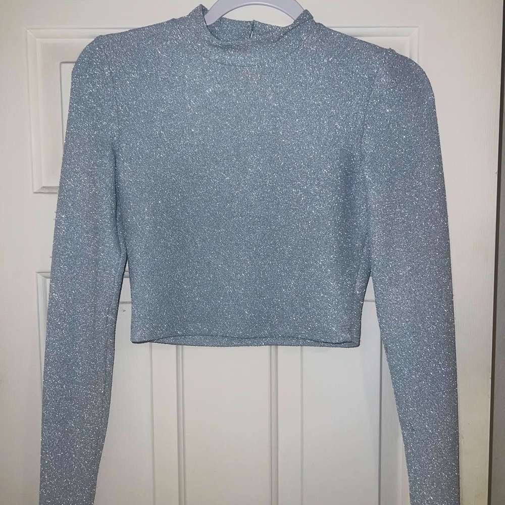 Sparkly Blue Long Sleeve Open Back Top